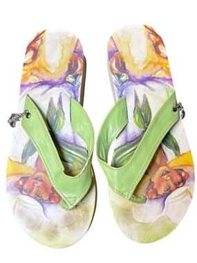 Artsy Flip Flops Green Strap Vintage Lady Print Sandals Horse Charm Boho